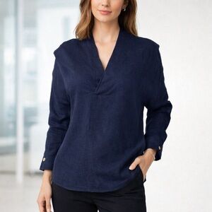 Kidoriman Navy Blue Linen Blend Coastal Lagenlook Boho Draped Blouse Size XXL